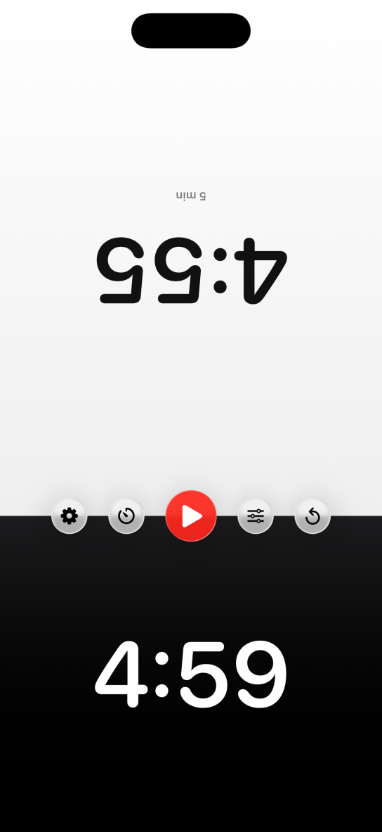 O app de relógio de xadrez em um iPhone: a tela é dividida em duas metades giradas mostrando 5:00 e 4:58