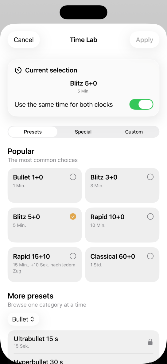 The Time Lab screen of the app: preset time controls such as Bullet 1+0, Blitz 3+0, Blitz 5+0, Rapid 10+0, Rapid 15+10 and Classical 60+0