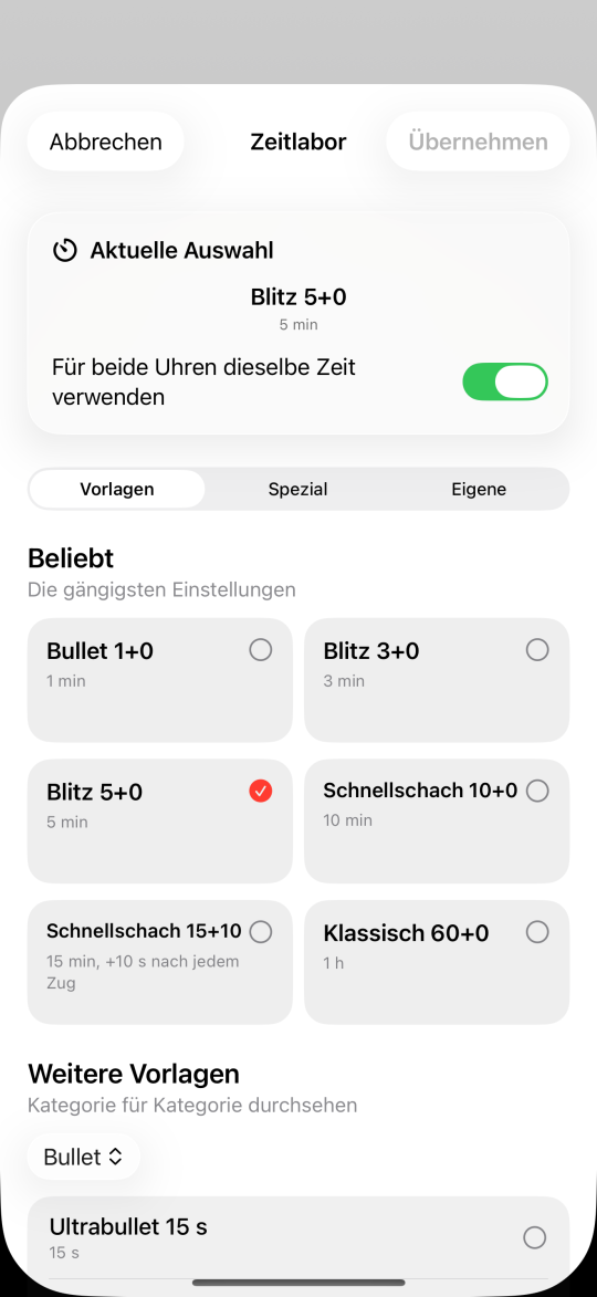 Bildschirm „Zeitlabor“ in der App mit den Vorlagen Bullet 1+0, Blitz 3+0, Blitz 5+0, Schnellschach 10+0, Schnellschach 15+10 und Klassisch 60+0