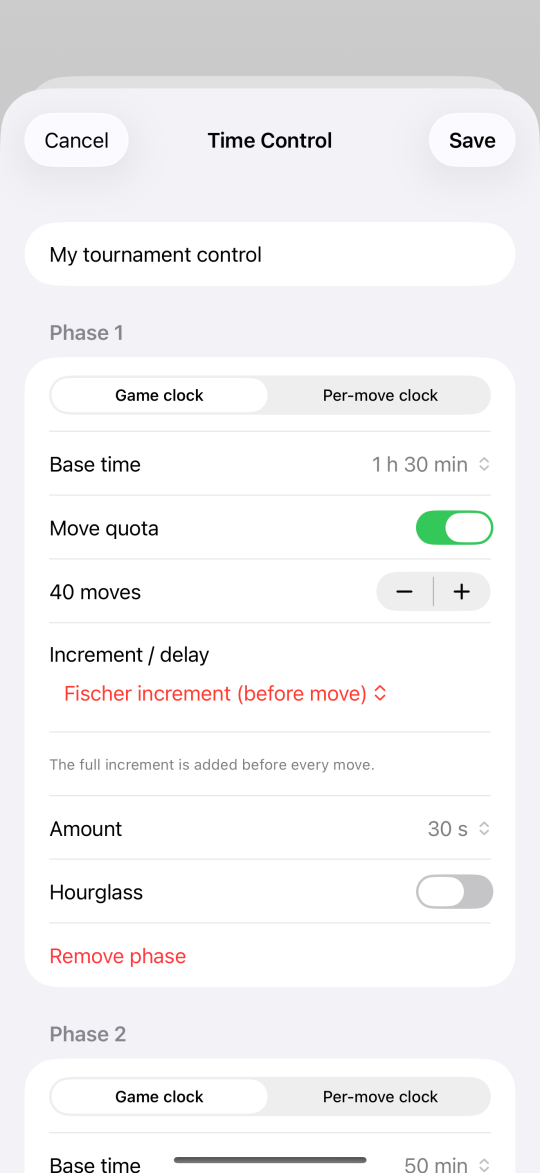 Custom time control editor, phase 1: base time 1 h 30 min, a quota of 40 moves and a 30 s Fischer increment before each move