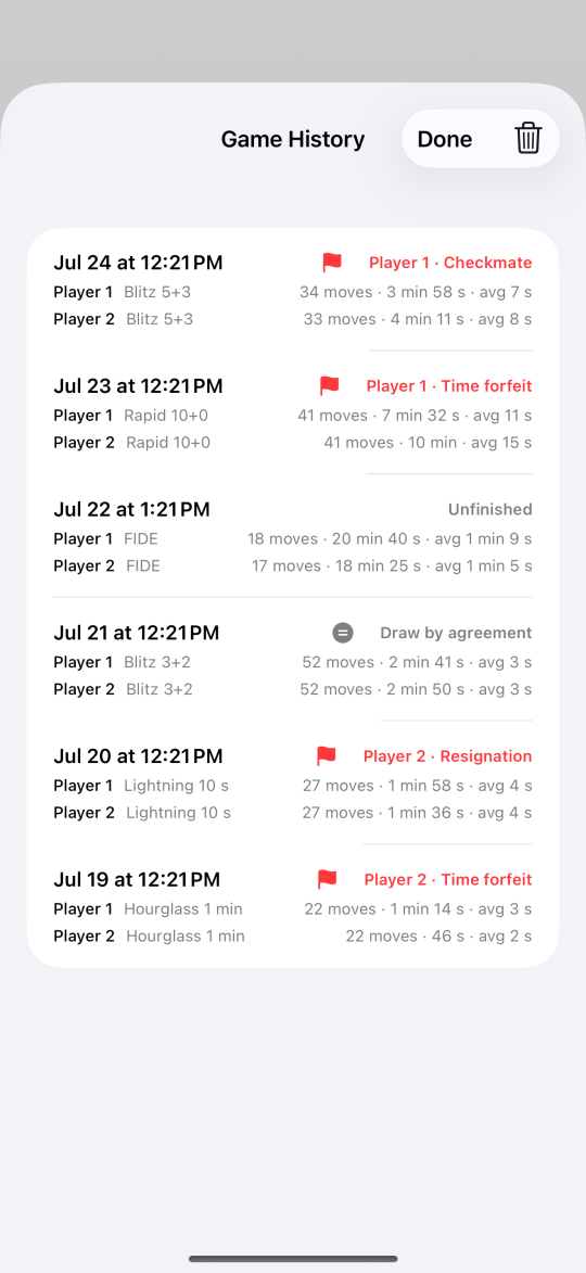 Game history with recent games, results such as checkmate and draw by agreement, and moves, time used and average time per move for each player