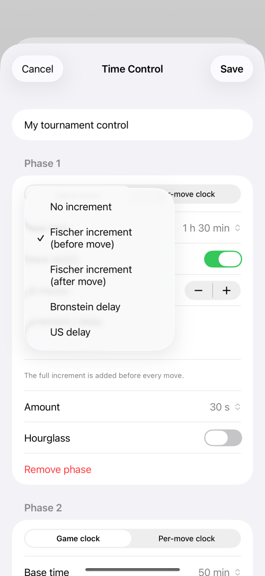 Time control editor with the increment menu open: no increment, Fischer increment before or after the move, Bronstein delay and US delay