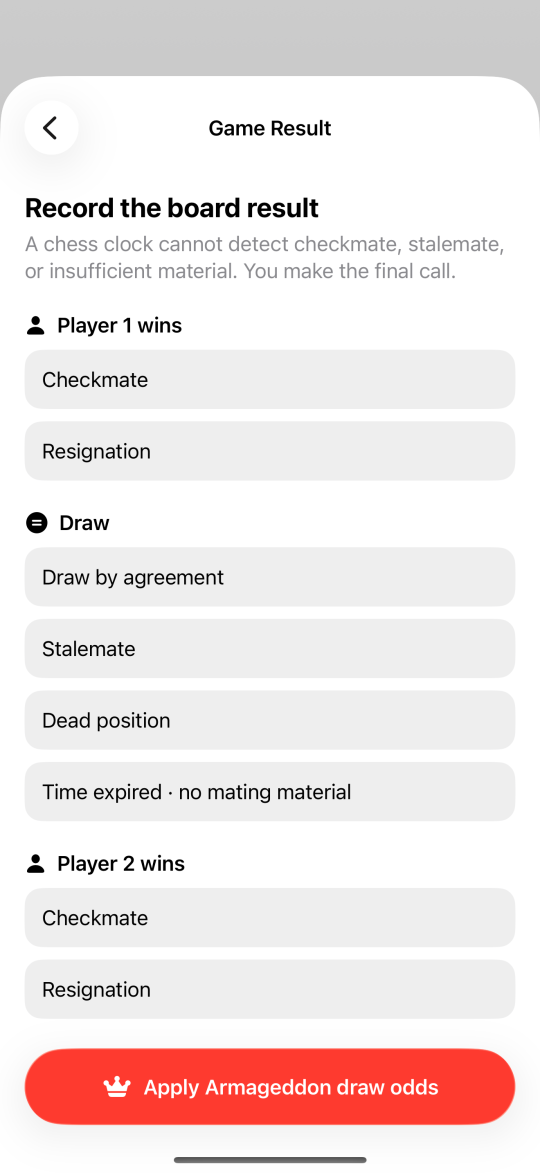 Game result screen with checkmate, resignation, draw by agreement, stalemate and dead position, and a button to apply Armageddon draw odds