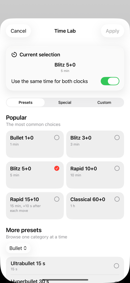 Time Lab screen in the app with the presets Bullet 1+0, Blitz 3+0, Blitz 5+0, Rapid 10+0, Rapid 15+10 and Classical 60+0