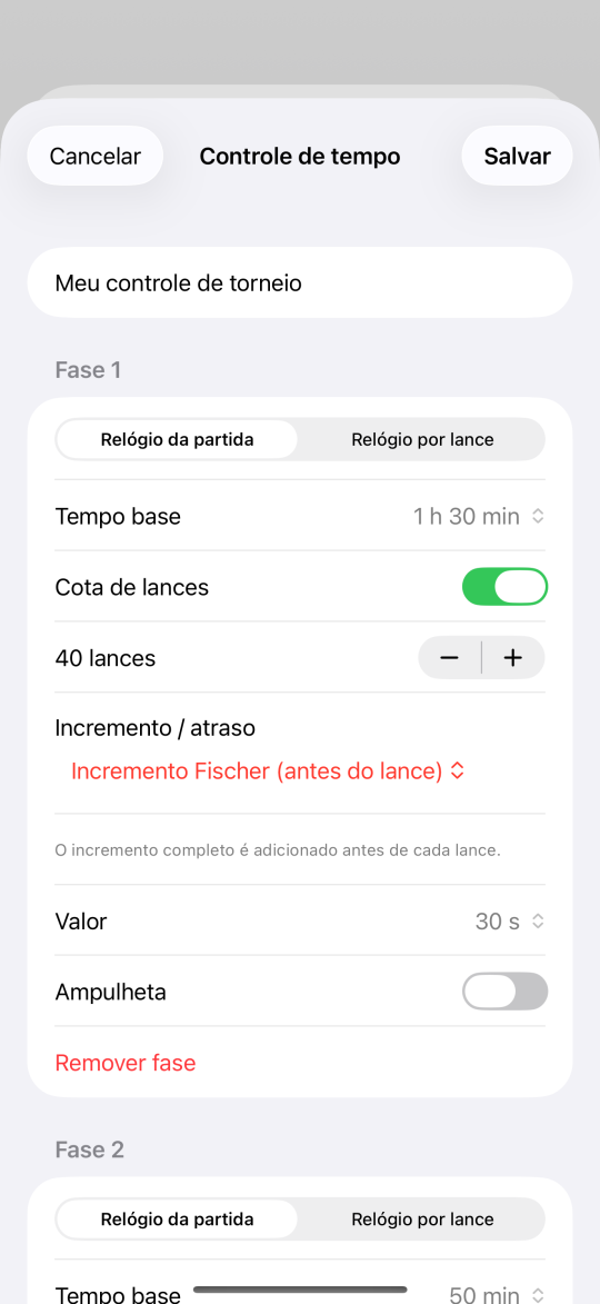 Editor de controle de tempo personalizado, fase 1: tempo base de 1 h 30 min, cota de 40 lances e incremento Fischer de 30 s antes de cada lance