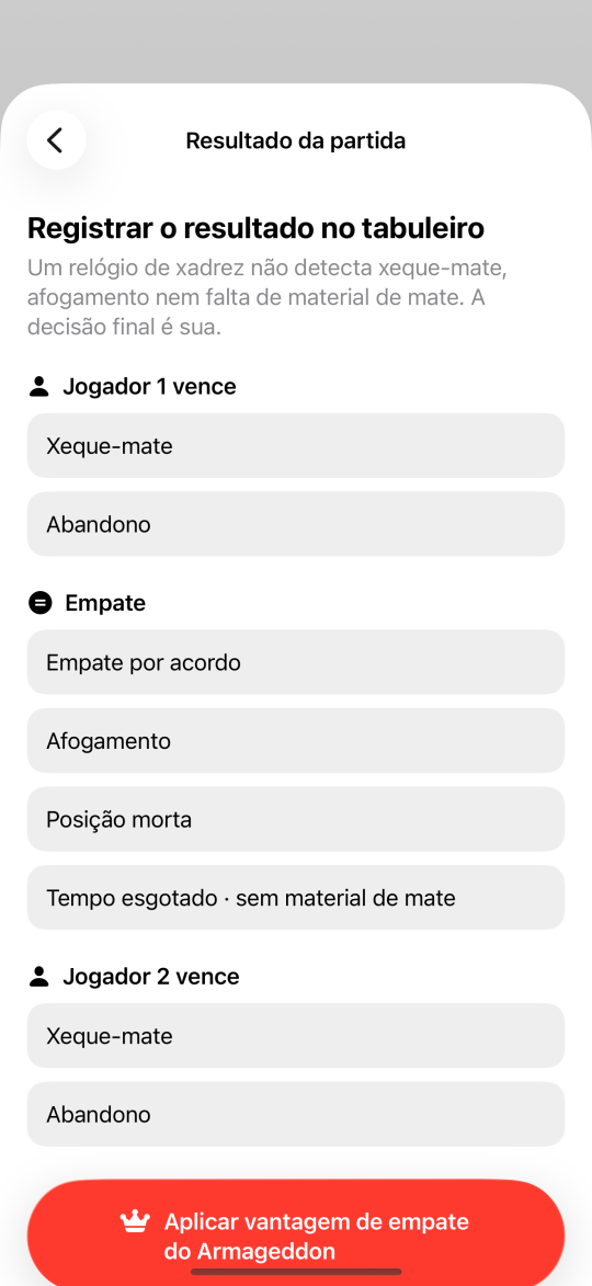 Tela Resultado da partida com xeque-mate, abandono, empate por acordo, afogamento e posição morta, e um botão para aplicar a vantagem de empate do Armageddon