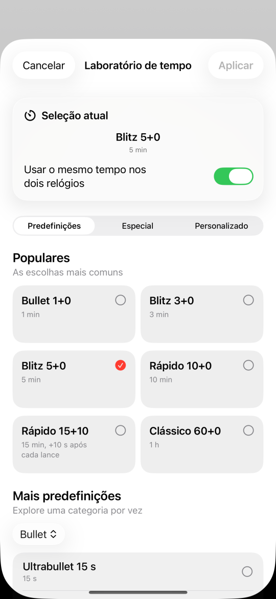 Tela Laboratório de tempo do app com as predefinições Bullet 1+0, Blitz 3+0, Blitz 5+0, Rápido 10+0, Rápido 15+10 e Clássico 60+0